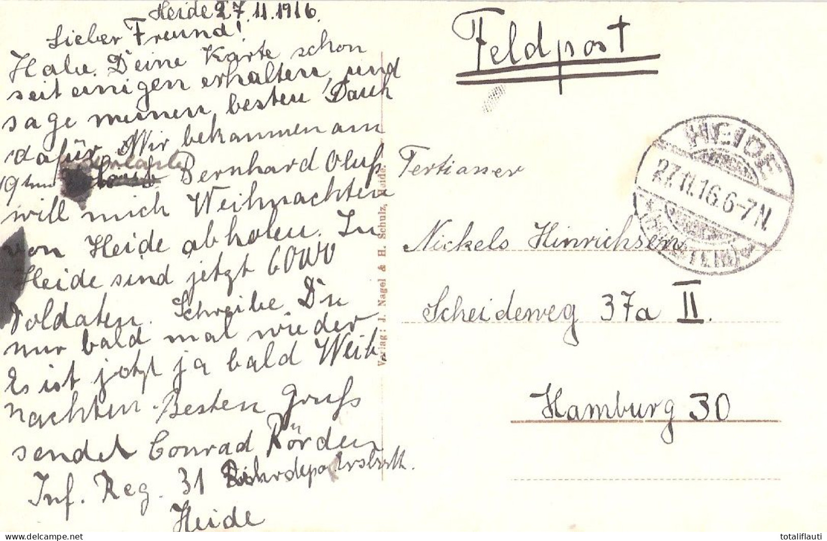 INFANTERIE KASERNE Militaria Heide In Holstein Als Feldpost 27.11.1916 Gelaufen - Heide