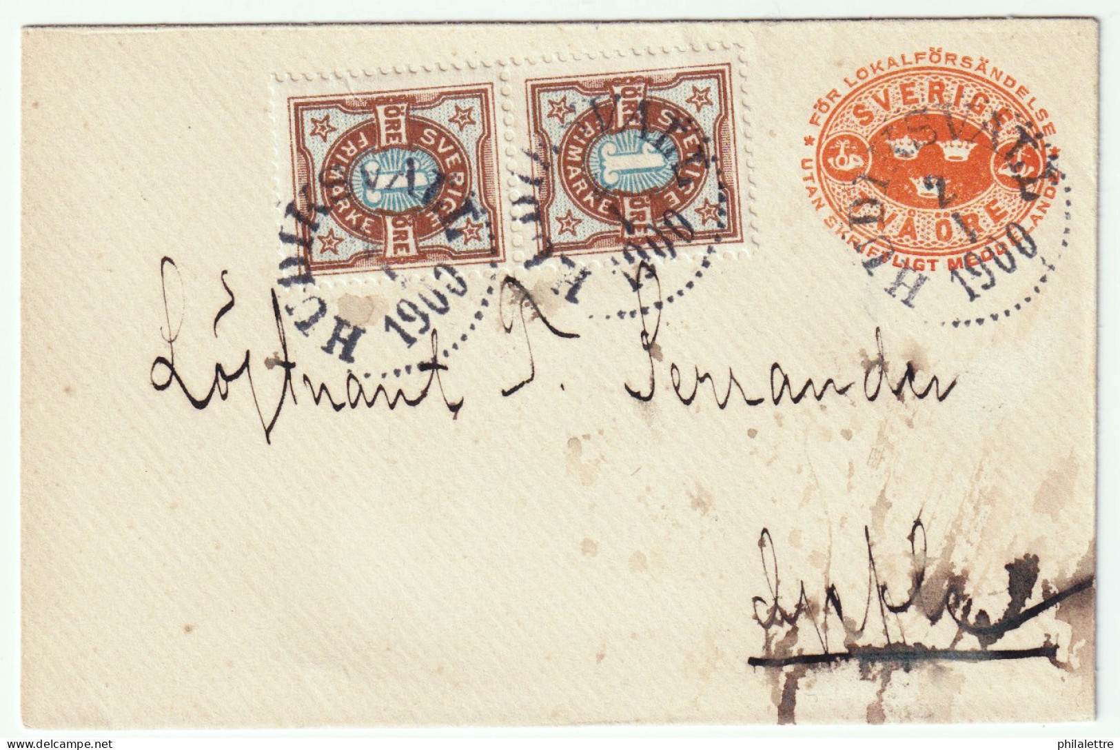 SUÈDE / SWEDEN - 1900 Pair Mi.50 1 Öre (1892 Numeral Issue) On 2 Öre Postal Envelope From HUDIKSVALL  To GEFLE - Cartas & Documentos