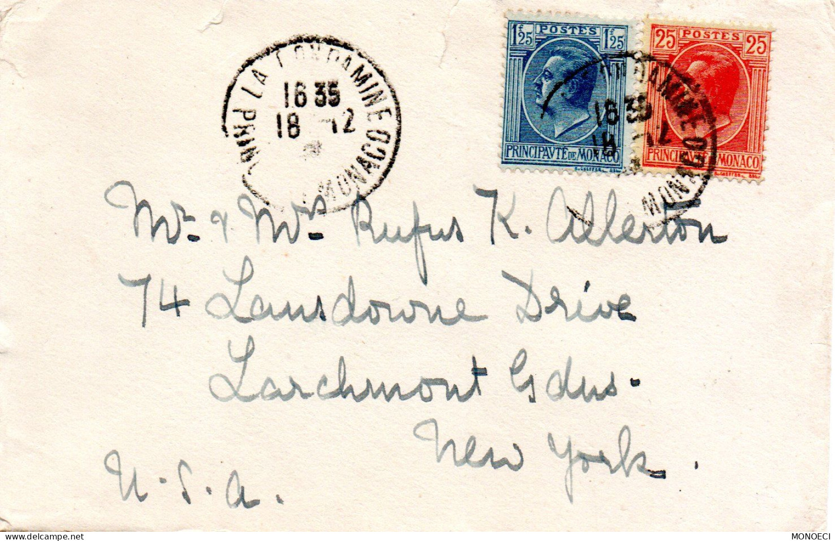 MONACO -- MONTE CARLO -- Enveloppe -- Timbres 25 C.et 1 F.25 Prince Louis II Pour New York (U.S.A.) - Oblitérés