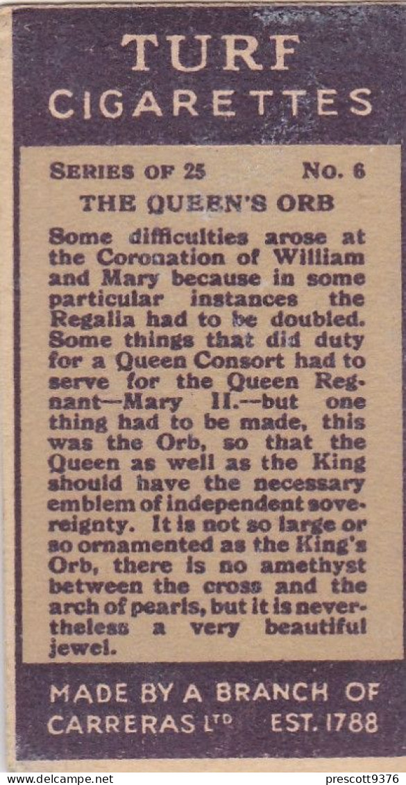 6 Queens Orb - Carreras Cigarette Card - Regalia Series 1925 - Royalty - Player's