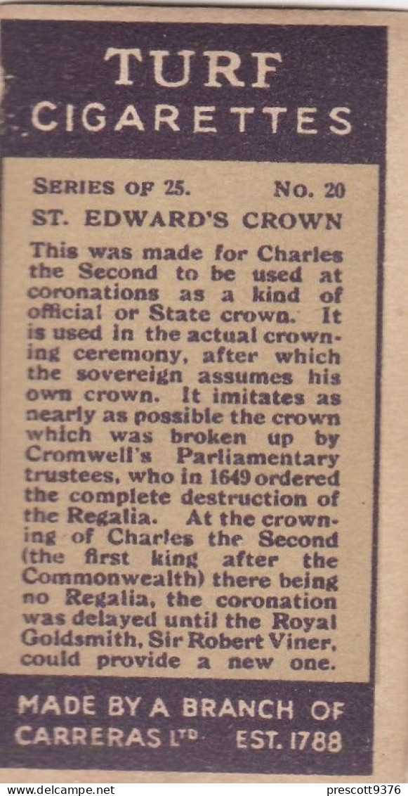 20 St Edwards Crown  - Carreras Cigarette Card - Regalia Series 1925 - Royalty - Player's