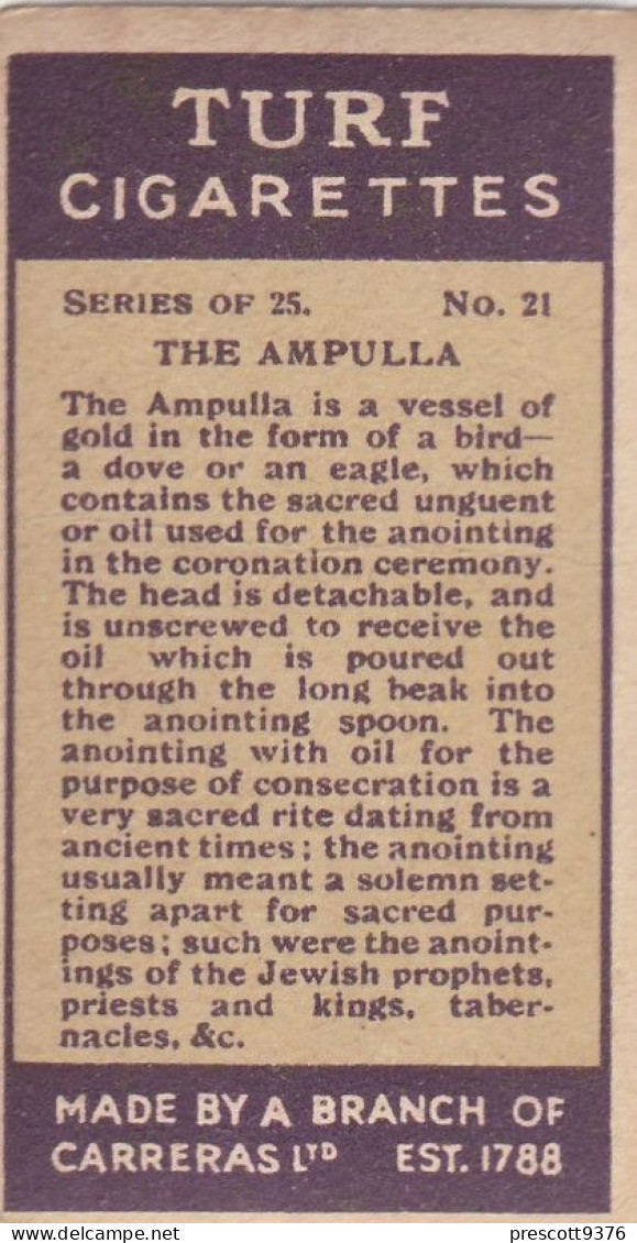 21 The Ampula  - Carreras Cigarette Card - Regalia Series 1925 - Royalty - Player's