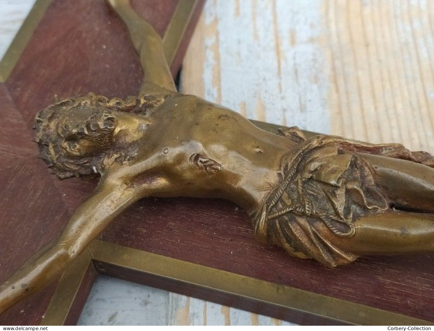 Grand Crucifix Acajou Christ Métal Patine Bronze Signé Hardy