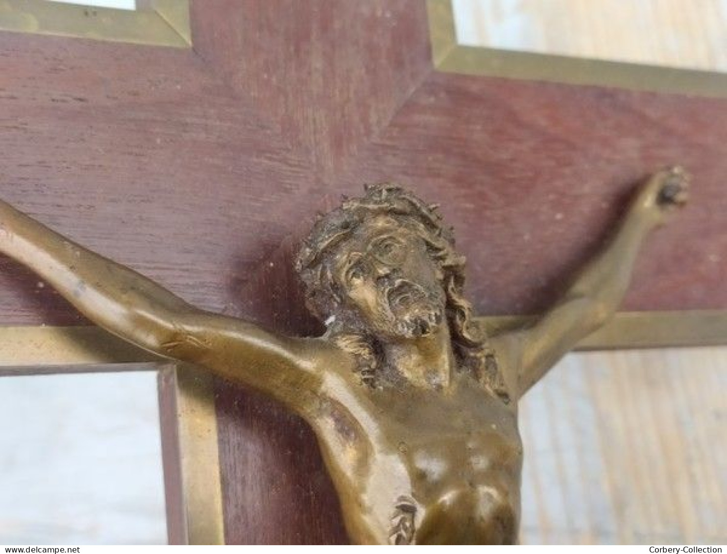 Grand Crucifix Acajou Christ Métal Patine Bronze Signé Hardy