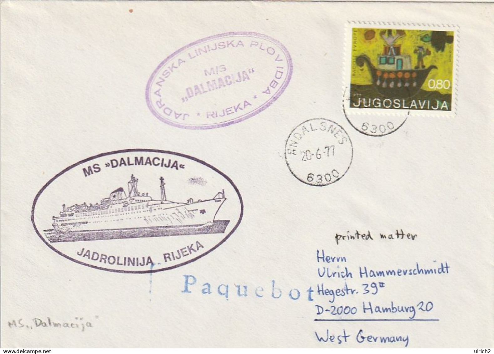 Yugoslavia - Maritime Mail - MS Dalmacija, Rijeka - Paquebot Andalsnes Norway - 1977  (67153) - Covers & Documents