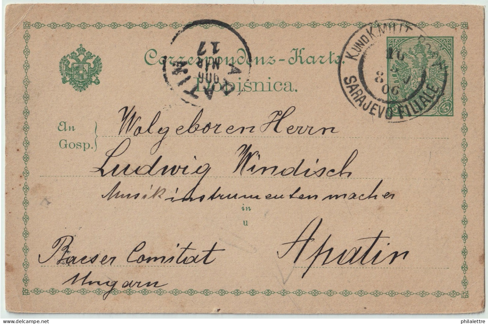 BOSNIE-HERZÉGOVINE / BOSNIA 1906 5h Postal Card Used SARAJEVO FILIALE To APATIN, Hungary - Bosnië En Herzegovina