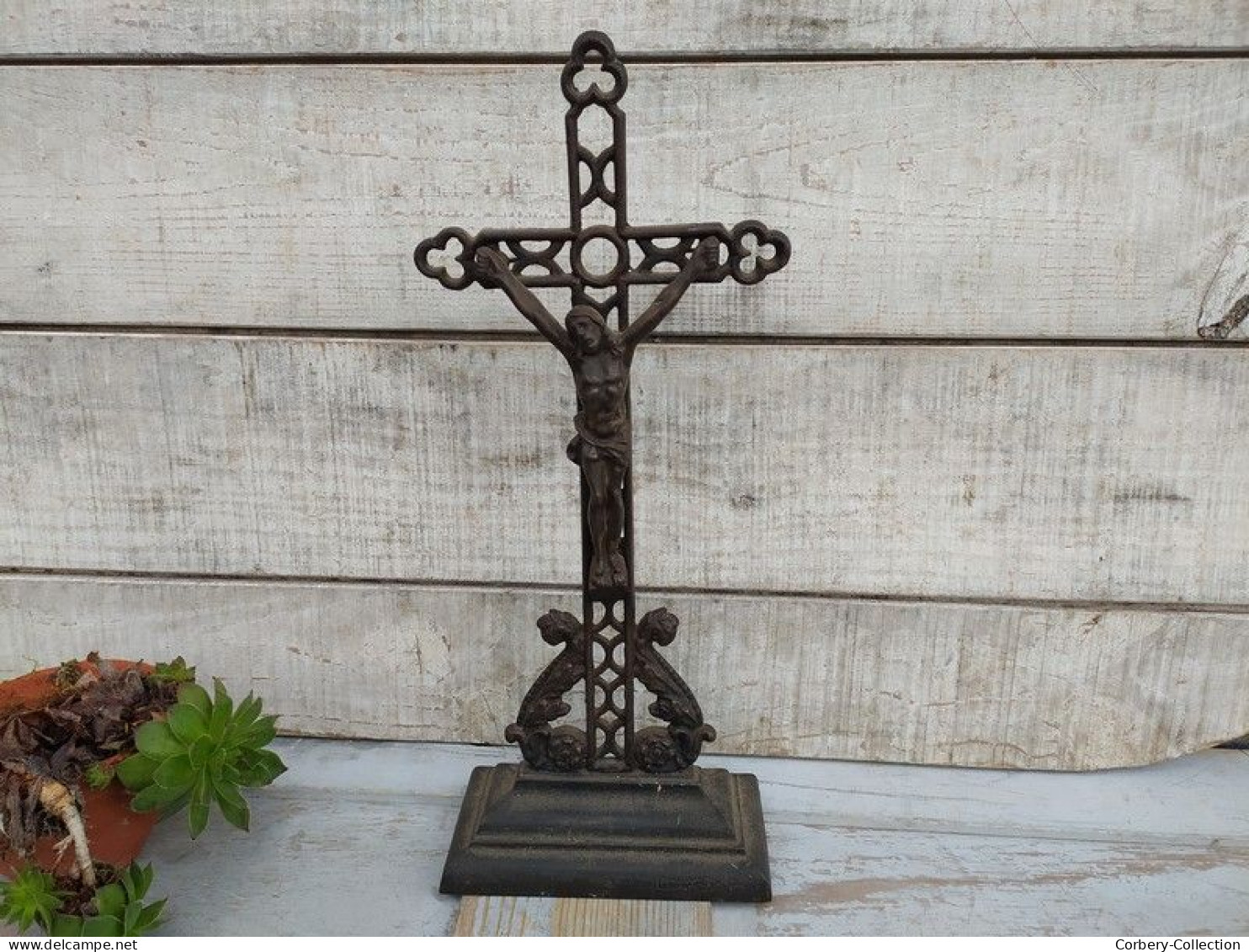 Grande Croix Crucifix D'Autel XIXème En Fonte Eglise Christ - Religious Art