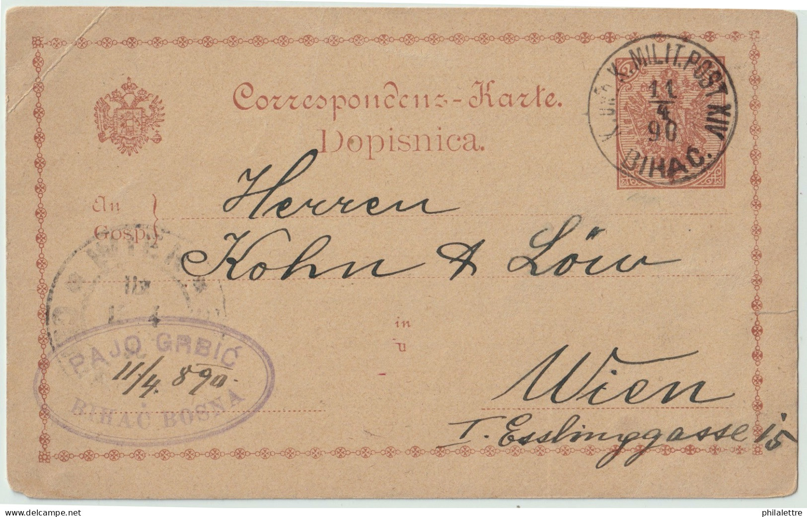 BOSNIE-HERZÉGOVINE / BOSNIA 1890 2kr Postal Card Used K.u.K. MILIT POST XIV / BIHAC To VIENNA - Bosnie-Herzegovine