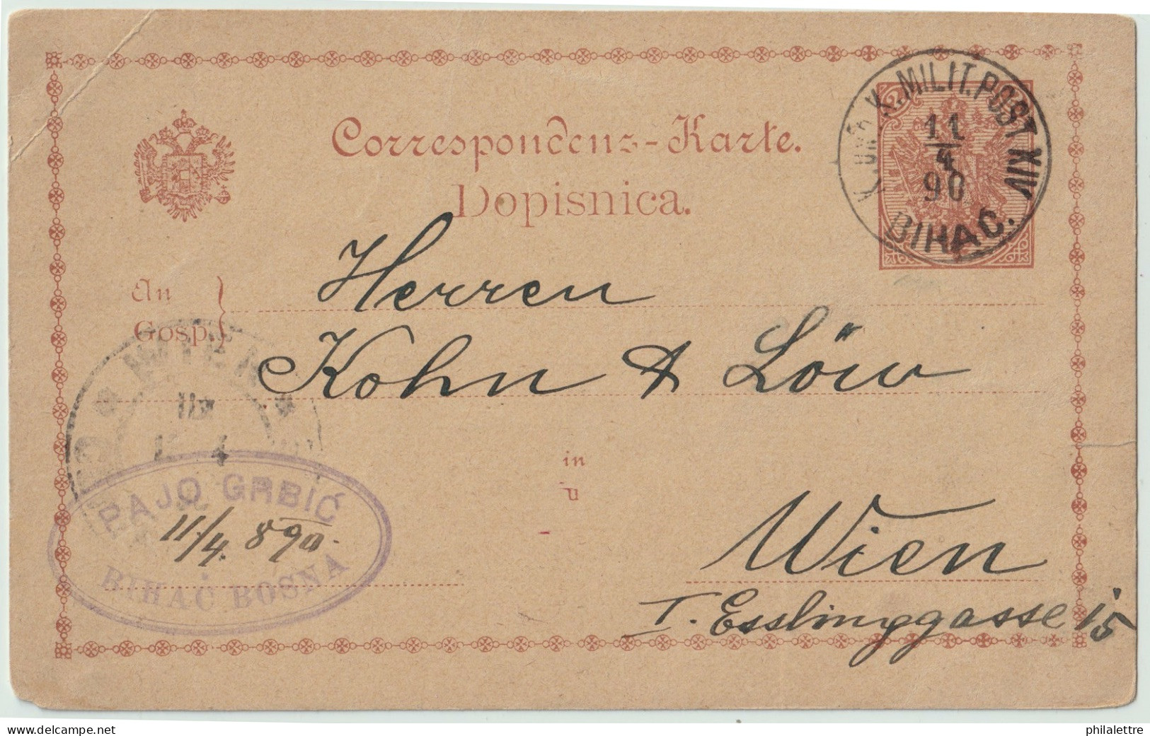 BOSNIE-HERZÉGOVINE / BOSNIA 1890 2kr Postal Card Used K.u.K. MILIT POST XIV / BIHAC To VIENNA - Bosnien-Herzegowina