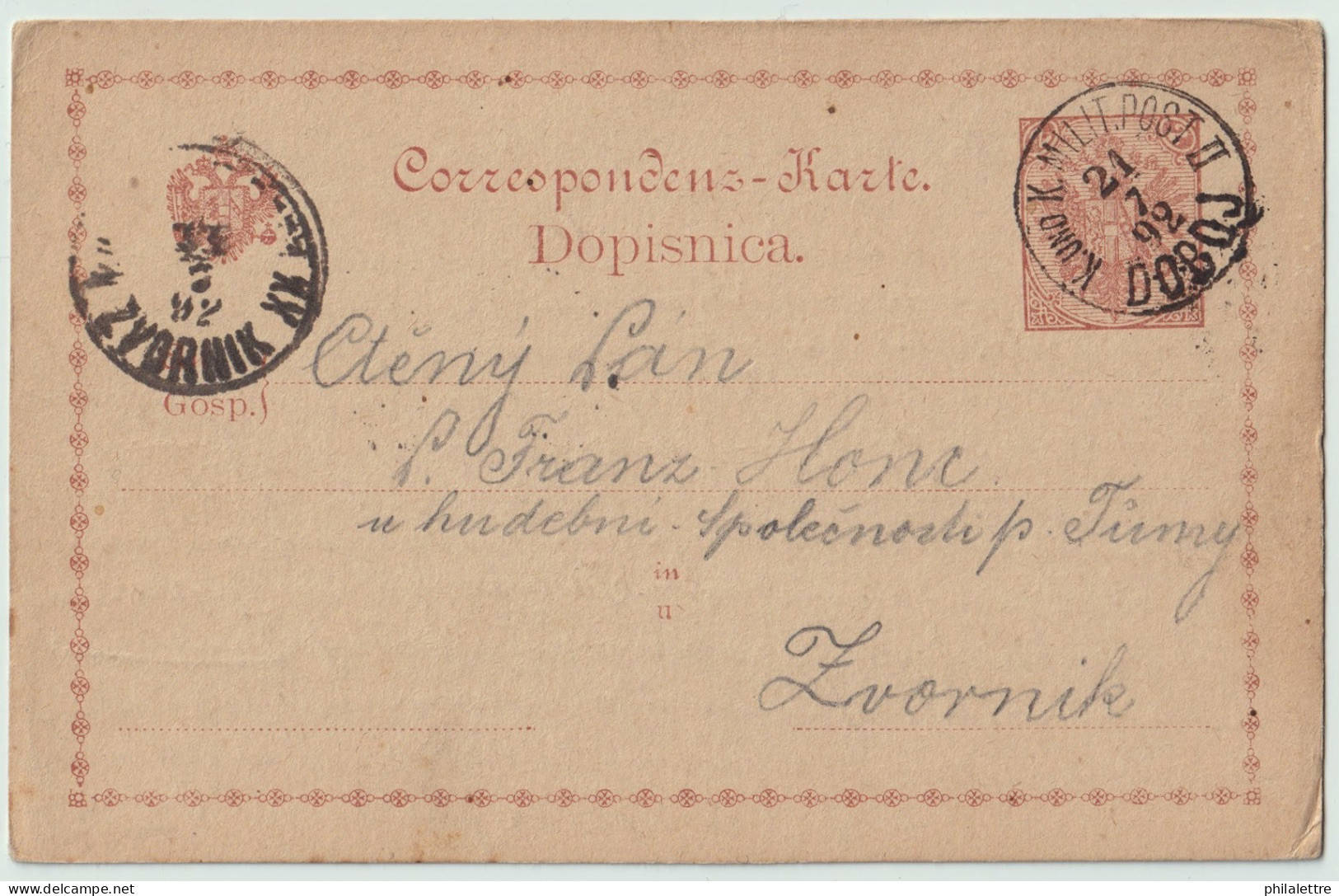 BOSNIE-HERZÉGOVINE / BOSNIA 1892 2kr Postal Card Used K.u.K. MILIT POST II / DOBOJ To ZVORNIK - Bosnie-Herzegovine