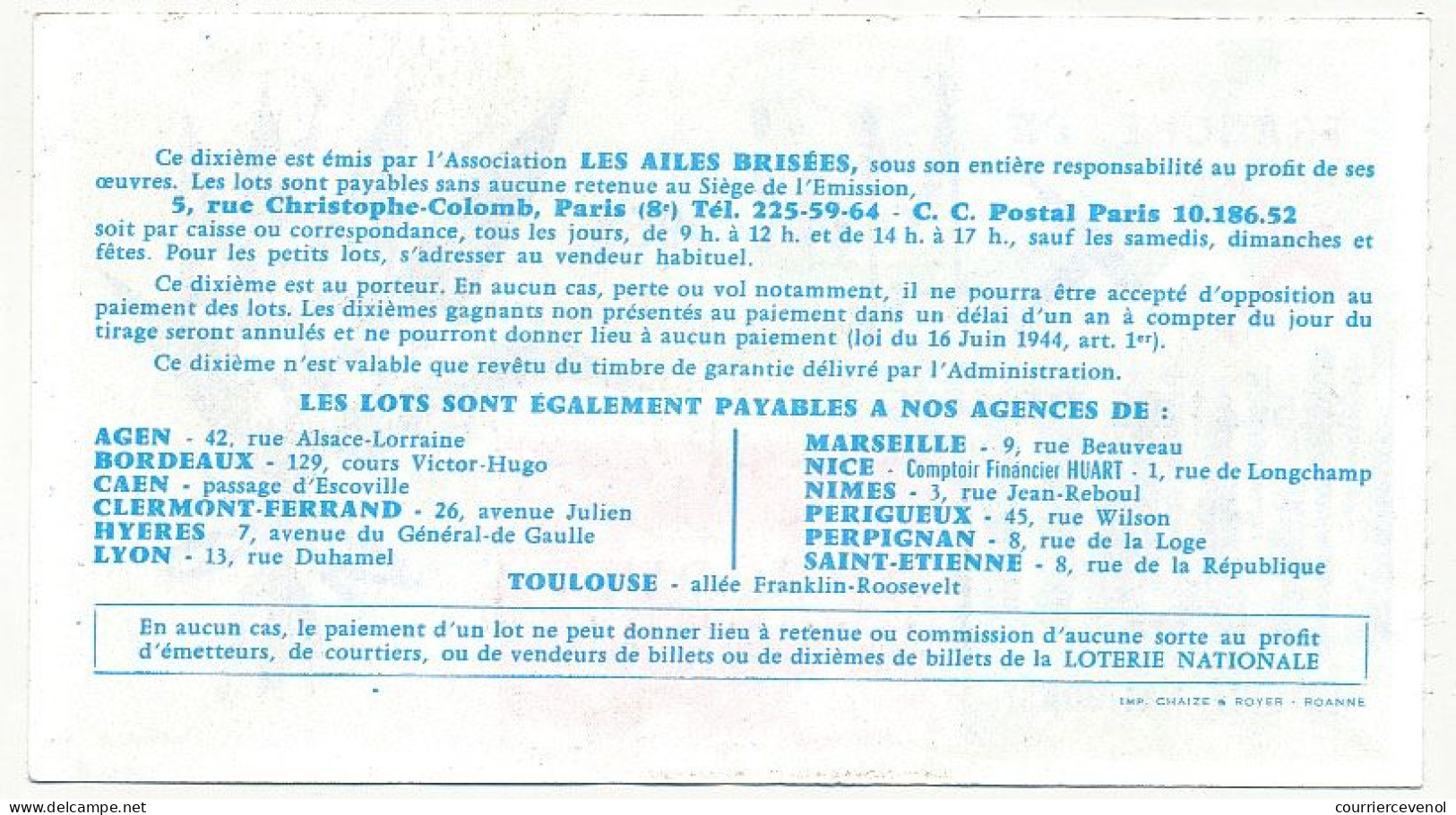 FRANCE - Loterie Nationale - Tranche Spéciale De Mai - Les Ailes Brisées - 1/10ème 1968 - Biglietti Della Lotteria