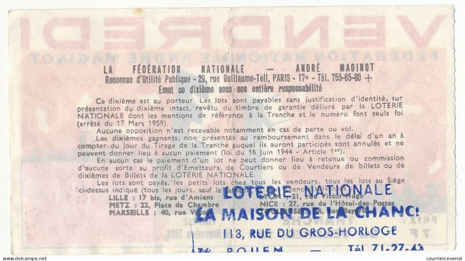 FRANCE - Loterie Nationale - Tranche Spéciale Du Vendredi 13 - Fédération André Maginot -1/10ème 1970 - Loterijbiljetten