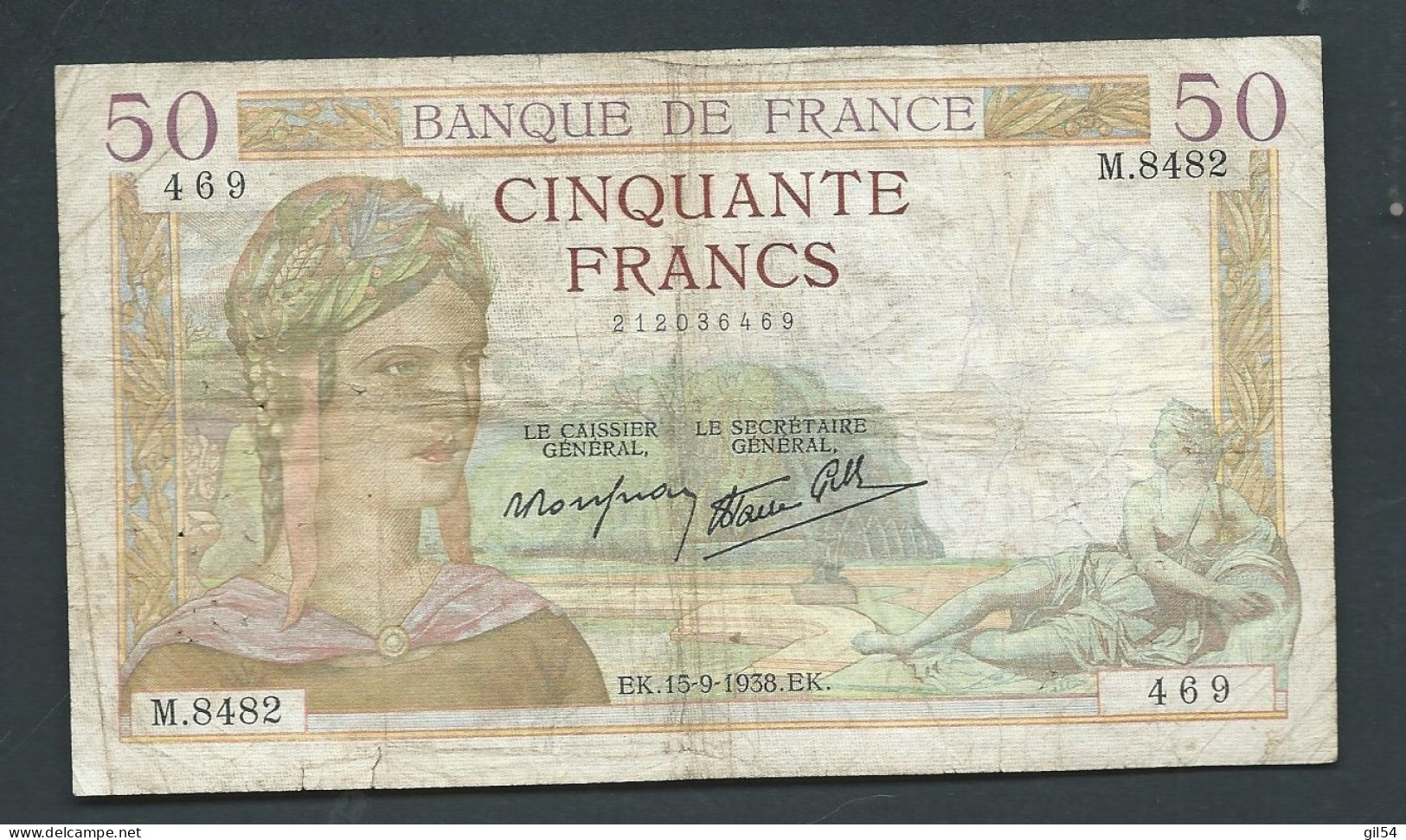 France Billet, 50 Francs, 50 F "Cérès'', 15/09/938 - 469 M.8482  LAURA 14407 - 50 F 1934-1940 ''Cérès''