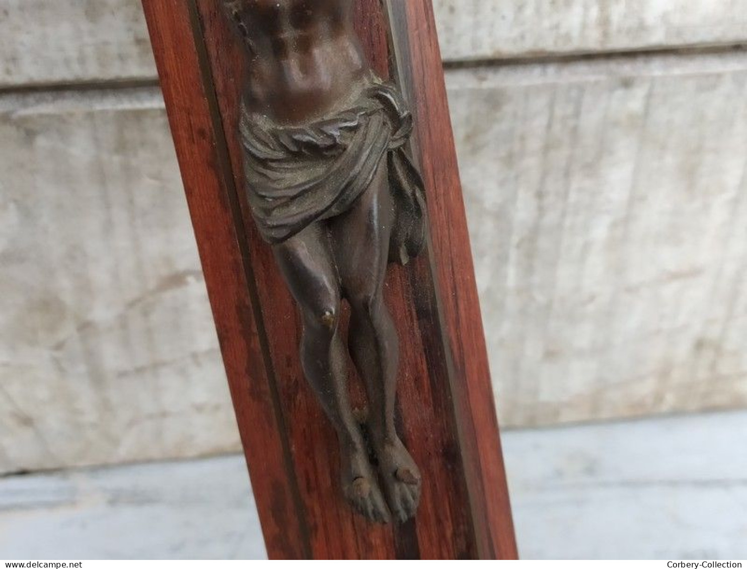 Ancienne Croix Crucifix Christ Métal Patine Bronze Bois Palissandre