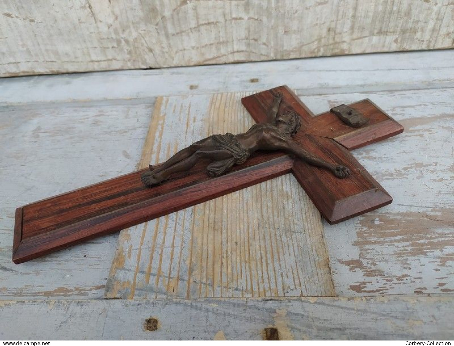 Ancienne Croix Crucifix Christ Métal Patine Bronze Bois Palissandre