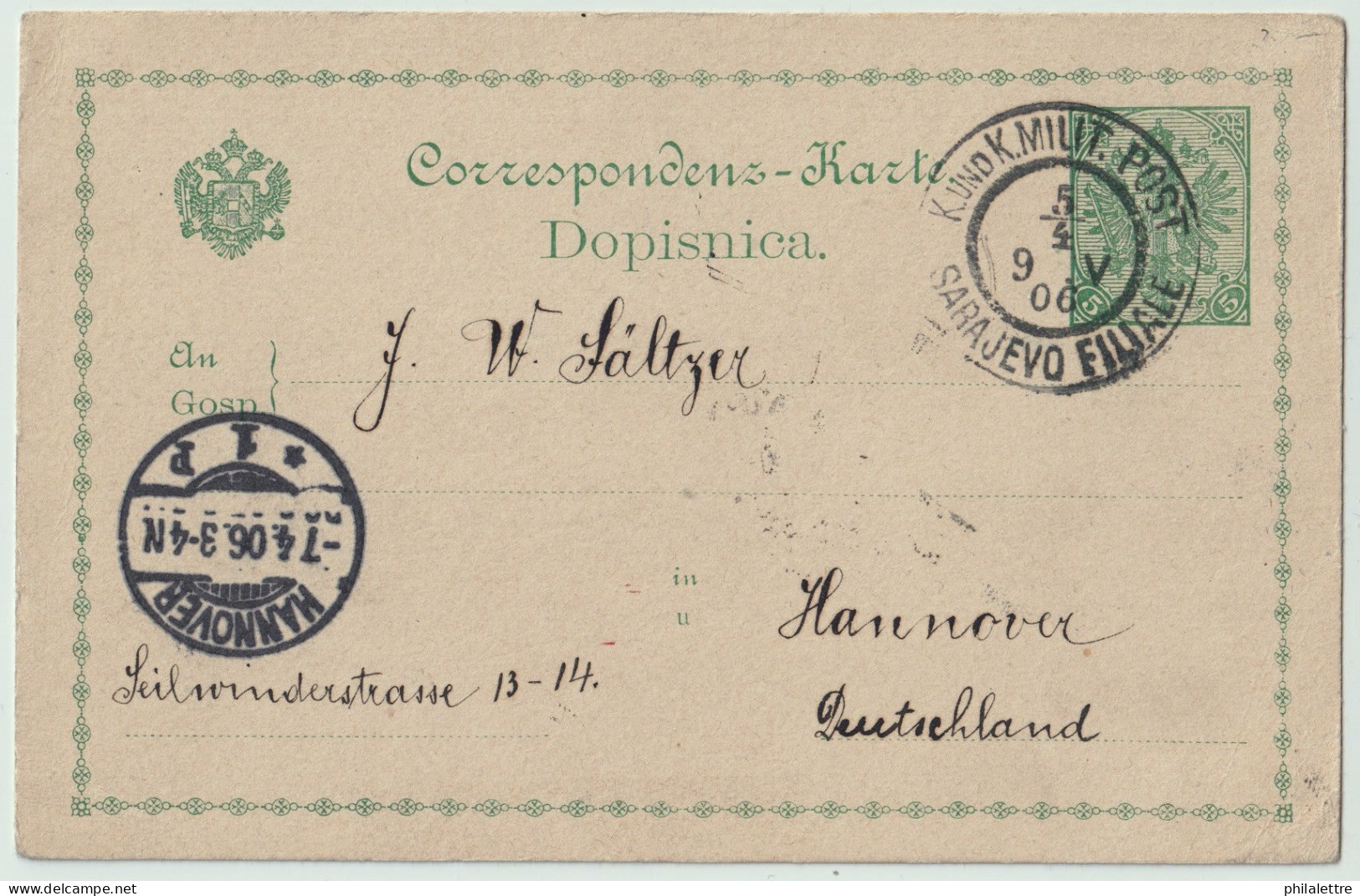 BOSNIE-HERZÉGOVINE / BOSNIA 1906 5h Postal Card Used SARAJEVO FILIALE To HANNOVER, Germany - Bosnien-Herzegowina