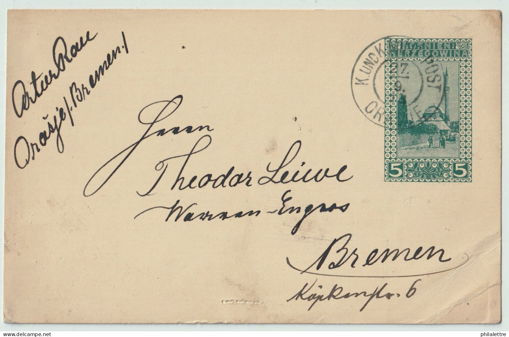 BOSNIE-HERZÉGOVINE / BOSNIA 1913 5h Postal Card Used ORASJE To BREMEN, Germany - Bosnia Erzegovina