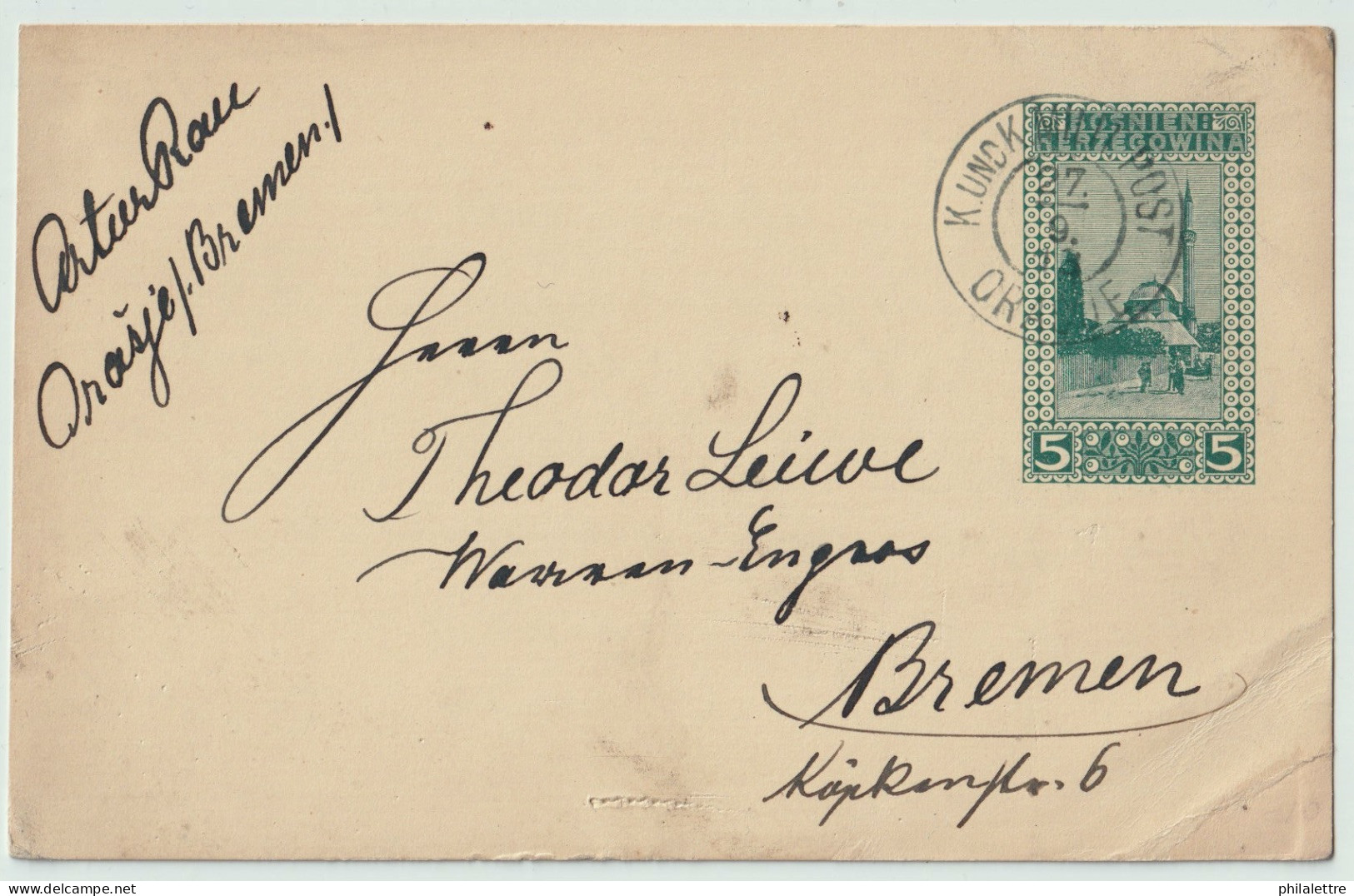 BOSNIE-HERZÉGOVINE / BOSNIA 1913 5h Postal Card Used ORASJE To BREMEN, Germany - Bosnië En Herzegovina