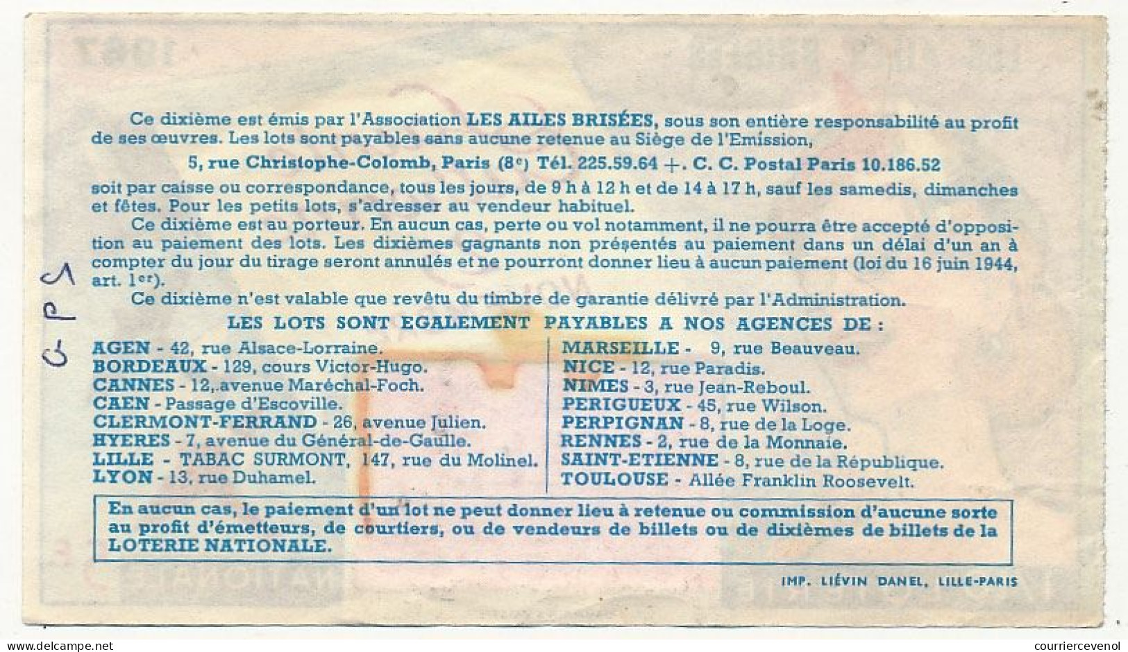 FRANCE - Loterie Nationale - Tranche Spéciale Sainte Catherine - Les Ailes Brisées - 1/10ème 1967 - Loterijbiljetten