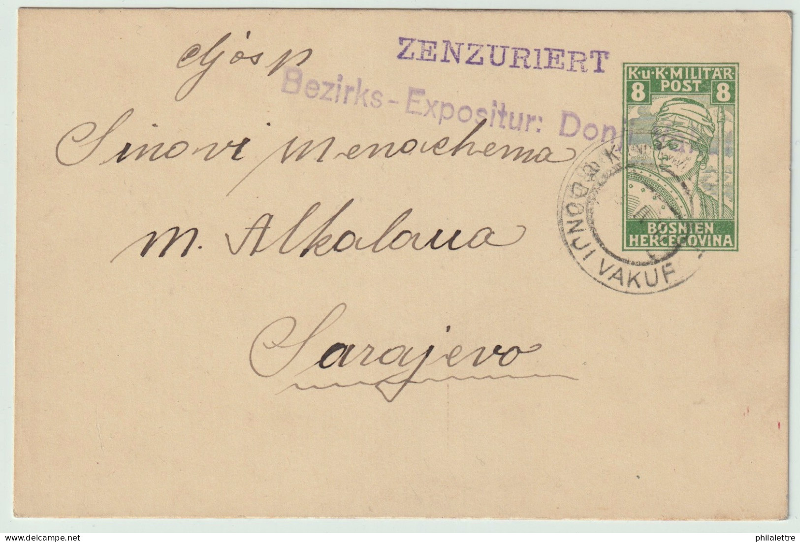 BOSNIE-HERZÉGOVINE / BOSNIA 1917 CENSORED 8h Postal Card Used DONJI VAKUF To SARAJEVO - Bosnien-Herzegowina