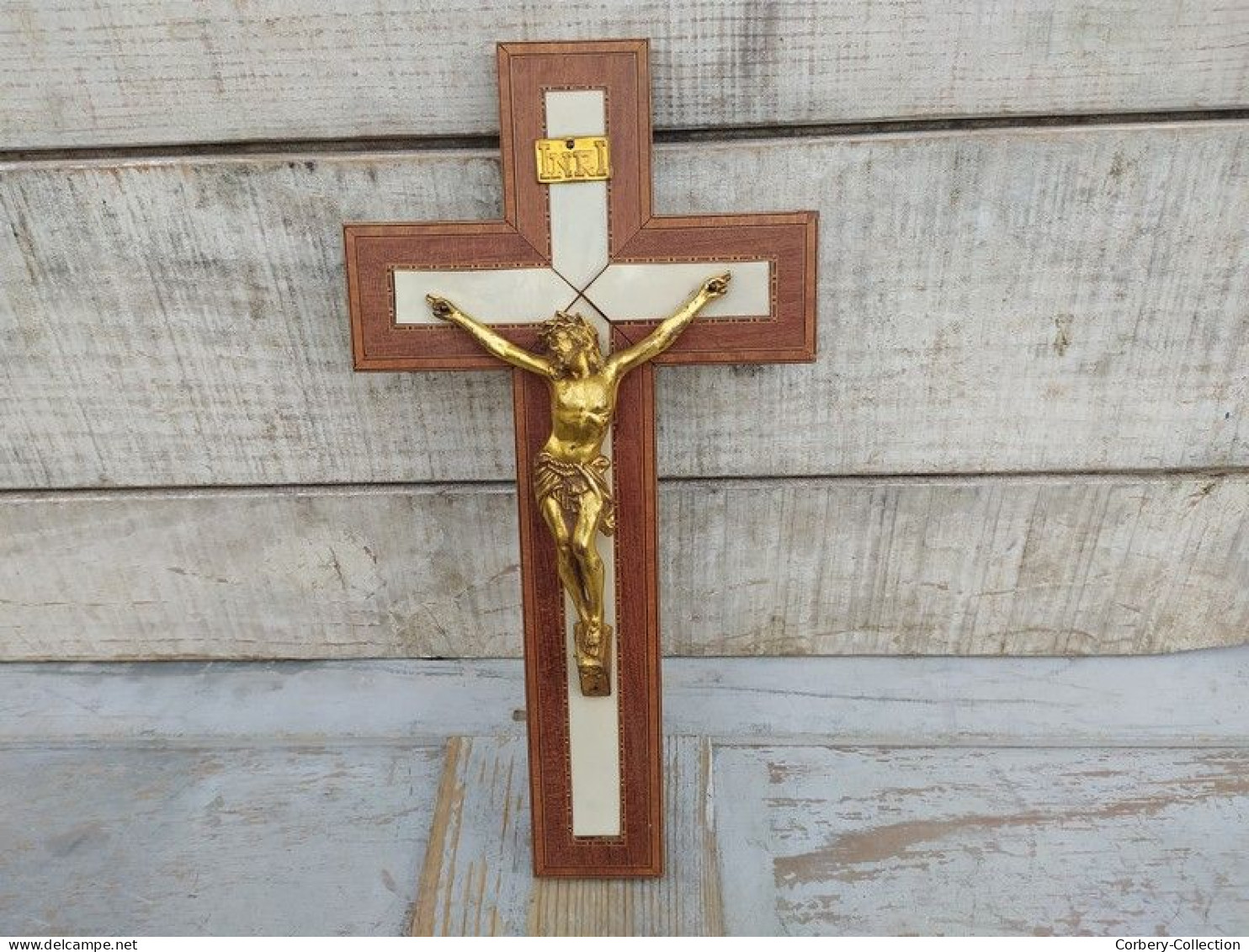 Ancien Croix Crucifix INRI Christ Bois Marqueterie - Religious Art