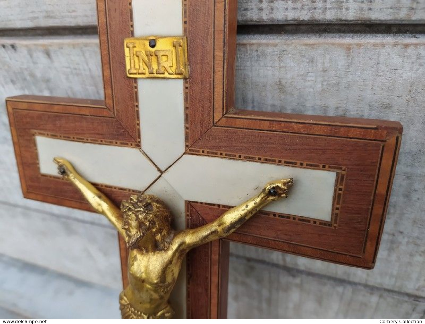 Ancien Croix Crucifix INRI Christ Bois Marqueterie