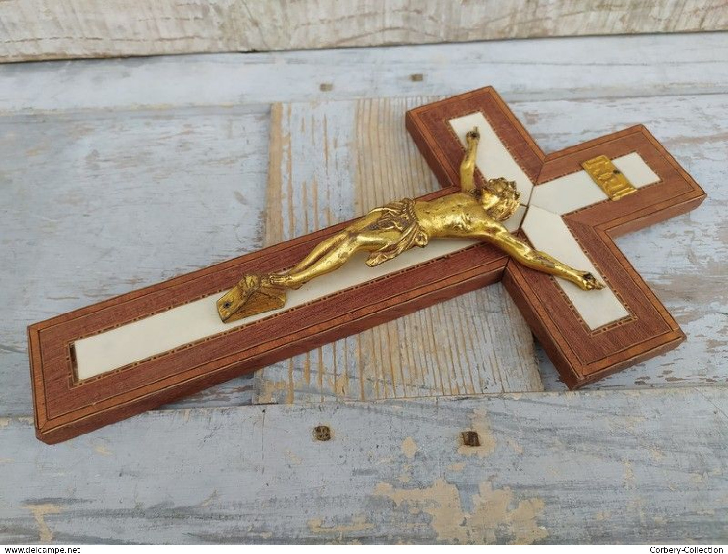 Ancien Croix Crucifix INRI Christ Bois Marqueterie