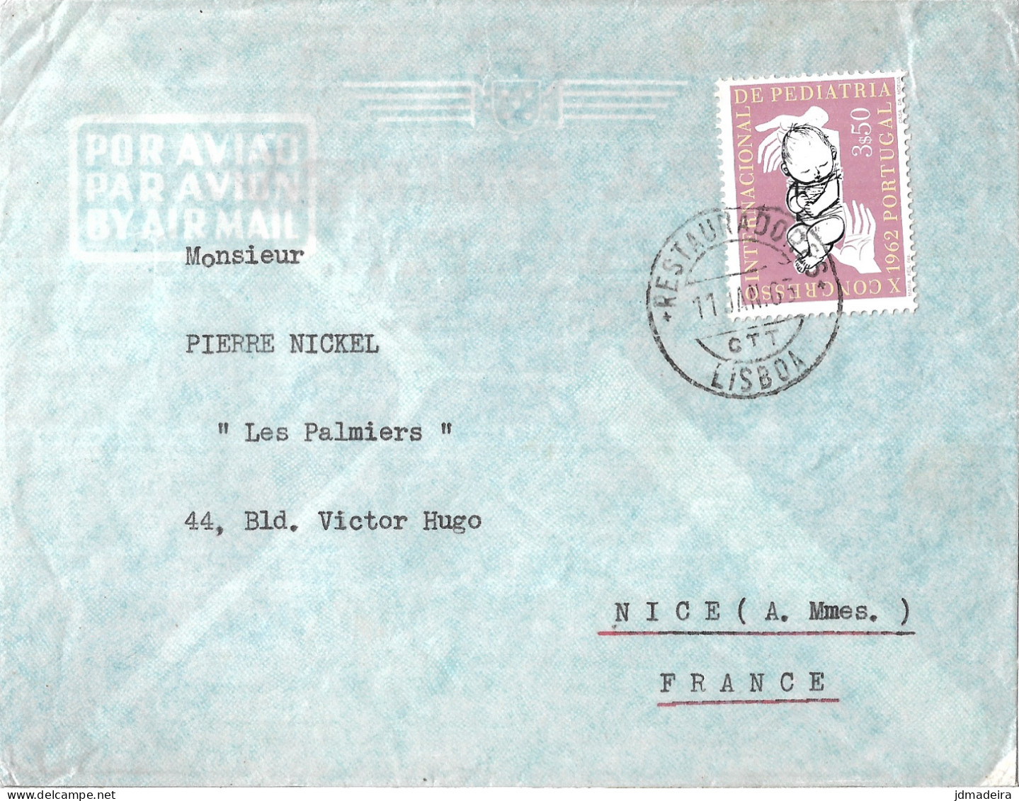 Portugal Cover To France Baby Stamp - Brieven En Documenten