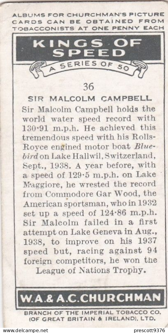 36 Sir Malcolm Campbell - Churchman Cigarette Card  - Kings Of Speed 1939 - Churchman