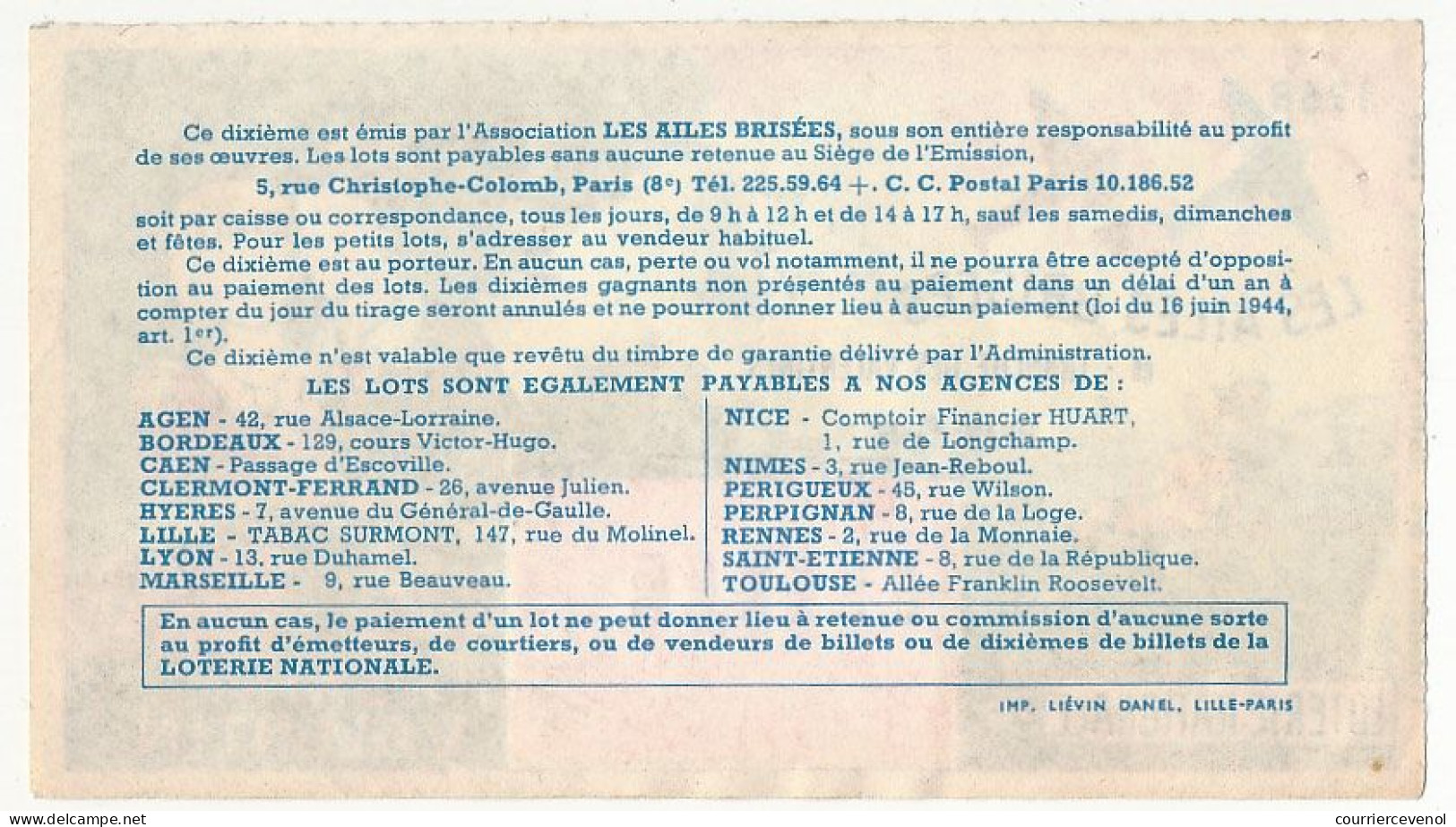 FRANCE - Loterie Nationale - Double Tranche Saint Valentin - Les Ailes Brisées - 1/10ème 1968 - Série B - Lotterielose