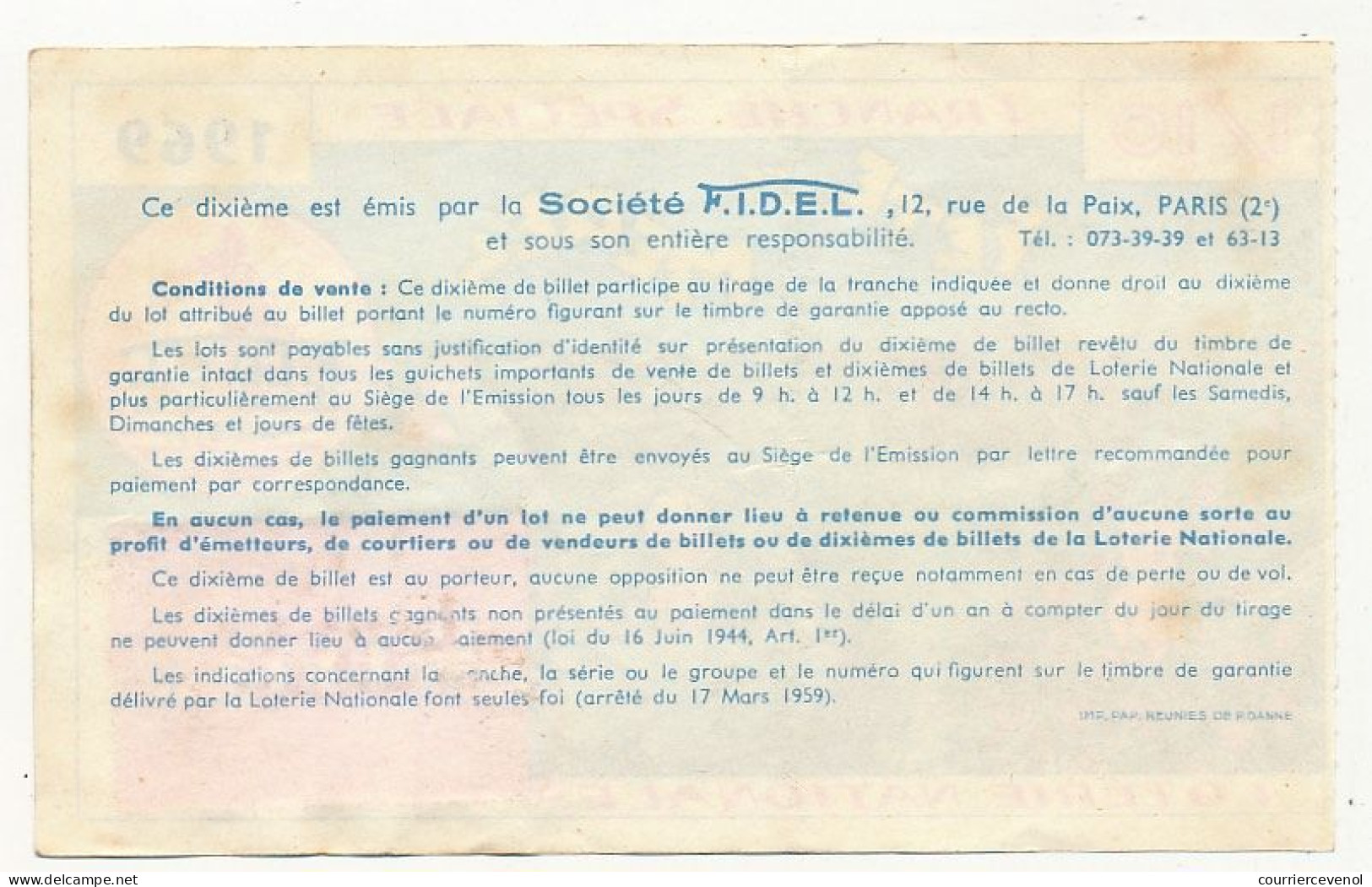 FRANCE - Loterie Nationale - Tranche Spéciale Fête Des Mères - FIDEL - 1/10ème - 1969 - Biglietti Della Lotteria