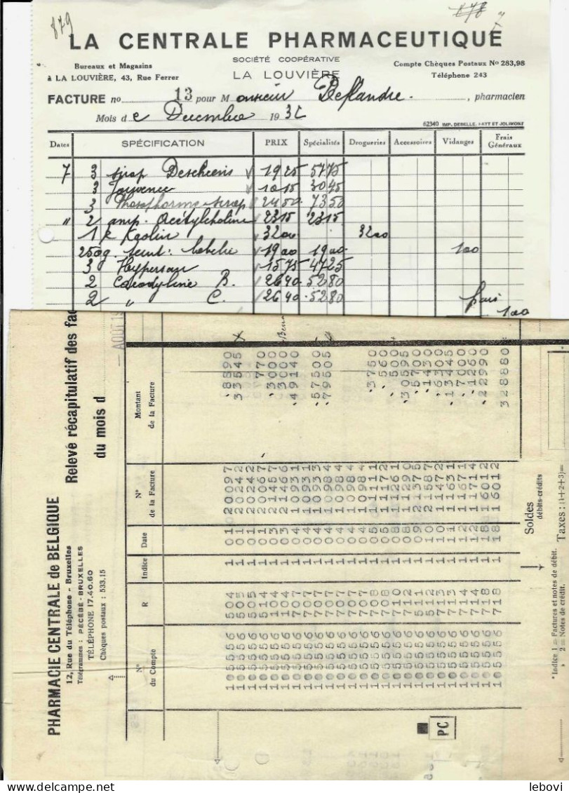 LA LOUVIERE - Ets LA CENTRALE PHARMACEUTIQUE Lot De 2 Factures Différentes (1932) - 1950 - ...
