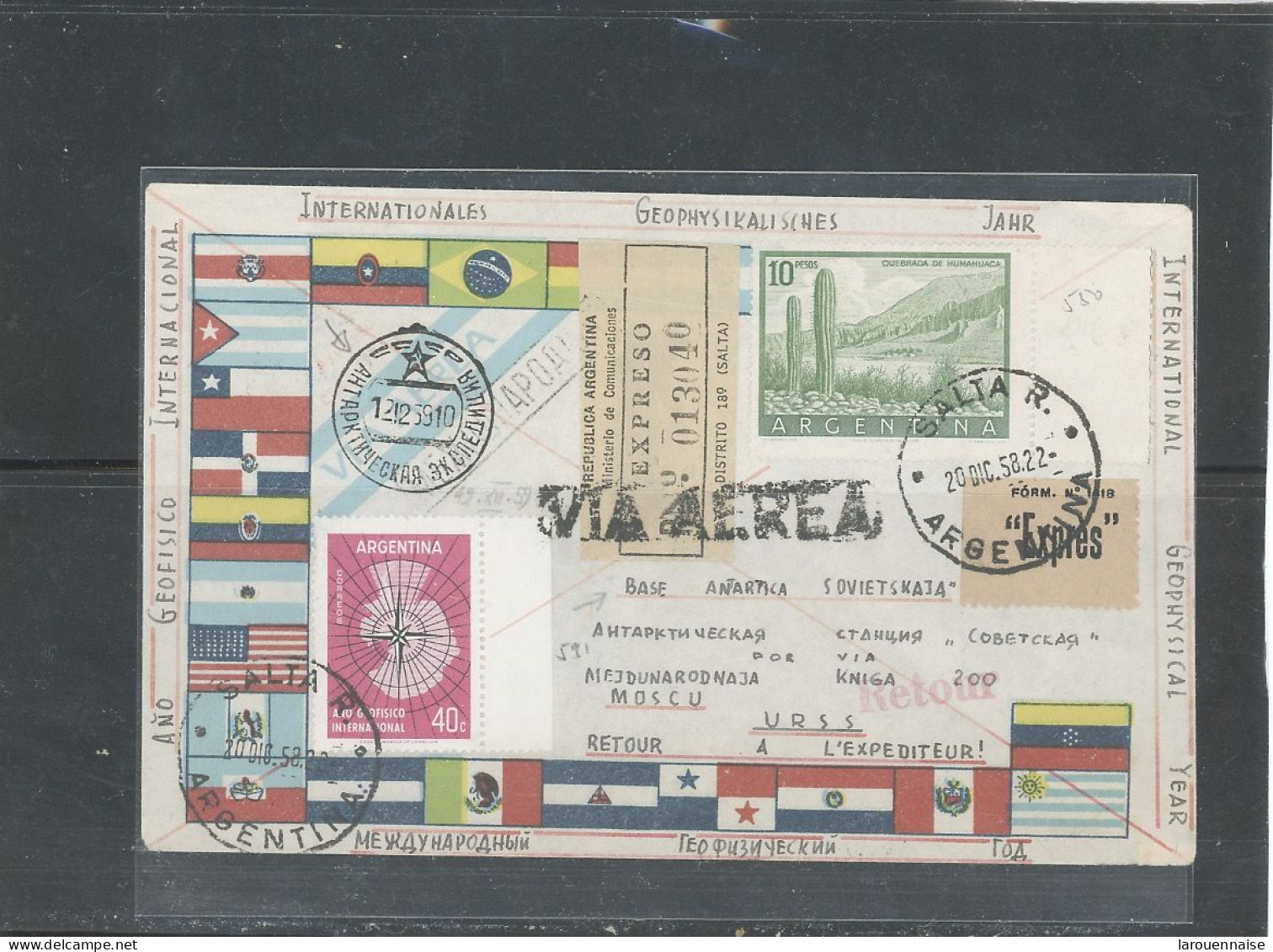 ARGENTINE - POLAIRE -N°550 +N°591 /LSC EXPRESS PAR AVION POUR L'ANTARTIQUE RUSSE-Obl CàD SALTA -R DU 20-DIC -58 - Lettres & Documents