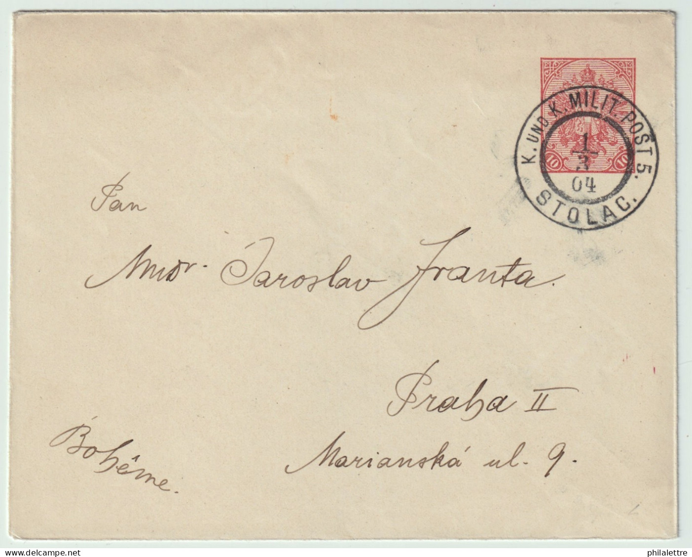 BOSNIE-HERZÉGOVINE / BOSNIA 1904 10h Postal Envelope Used "K. UND K.MILIT. POST 5. / STOLAC" To PRAG, Bohemia - Bosnie-Herzegovine