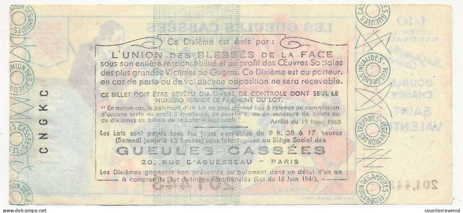 FRANCE - Loterie Nationale - Double Chance Saint Valentin - Gueules Cassées - 1/10ème 1963 - Billets De Loterie