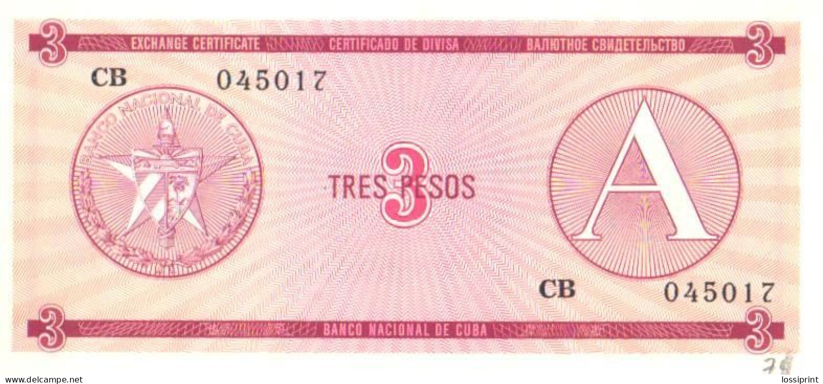 3 Pesos, Letter A, Seria CB, UNC - Cuba