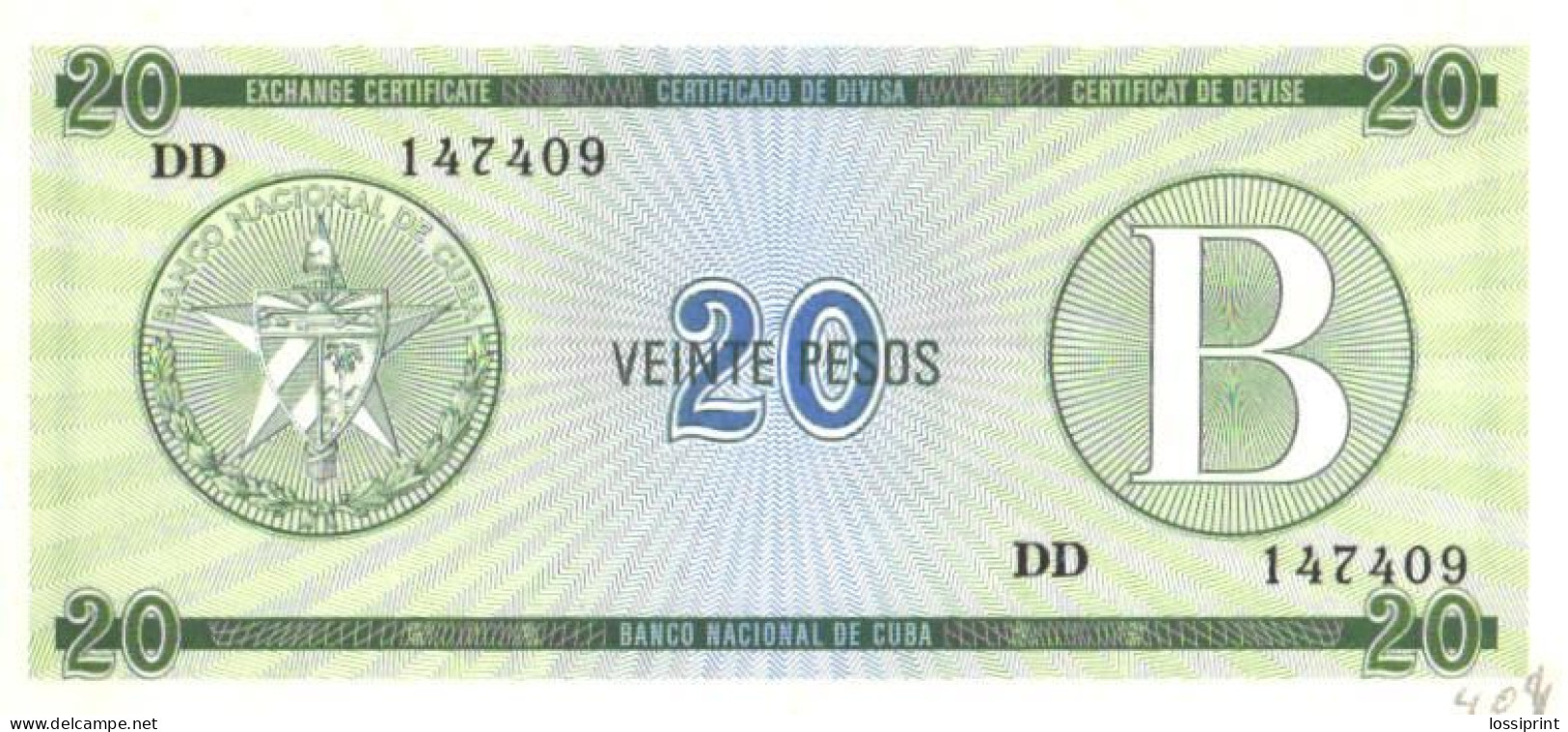 20 Pesos, Letter B, Seria DD, UNC - Cuba