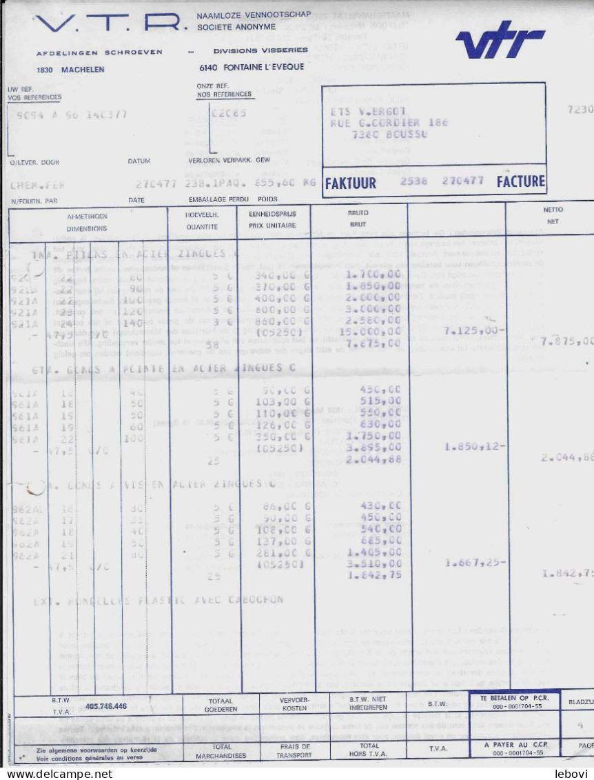 MACHELEN/FO?TAINE L’EVÊQUE  V. T. R. DIVISION VISSERIES  : Facture (1977) - 1950 - ...