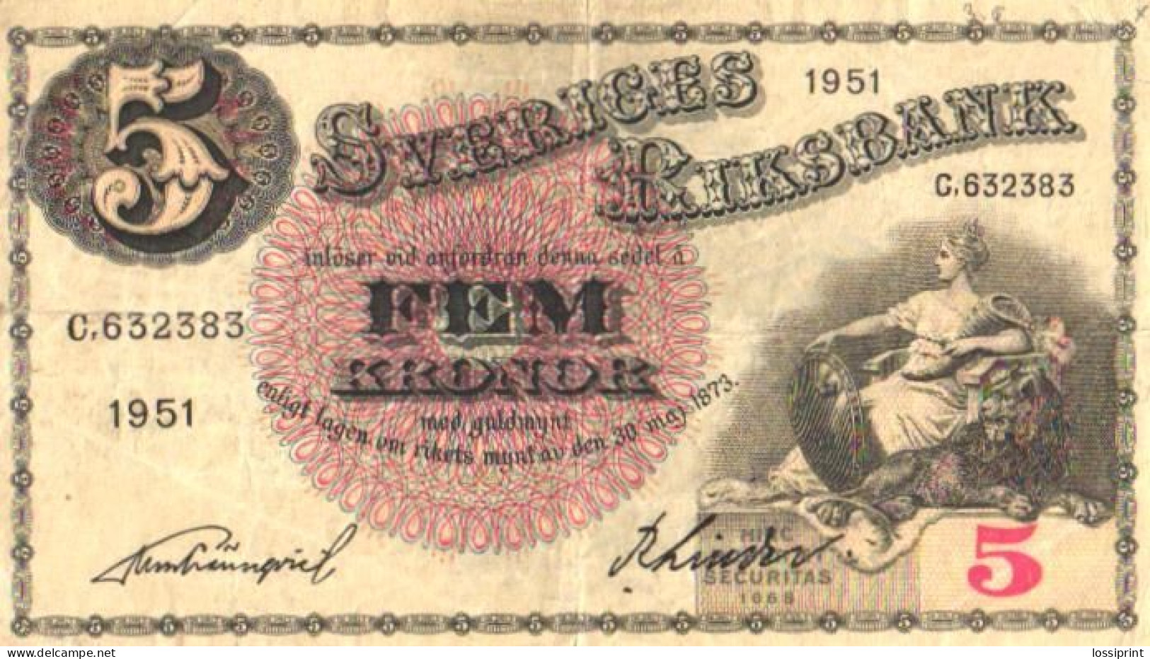 Sweden:5 Krons 1951 - Suède