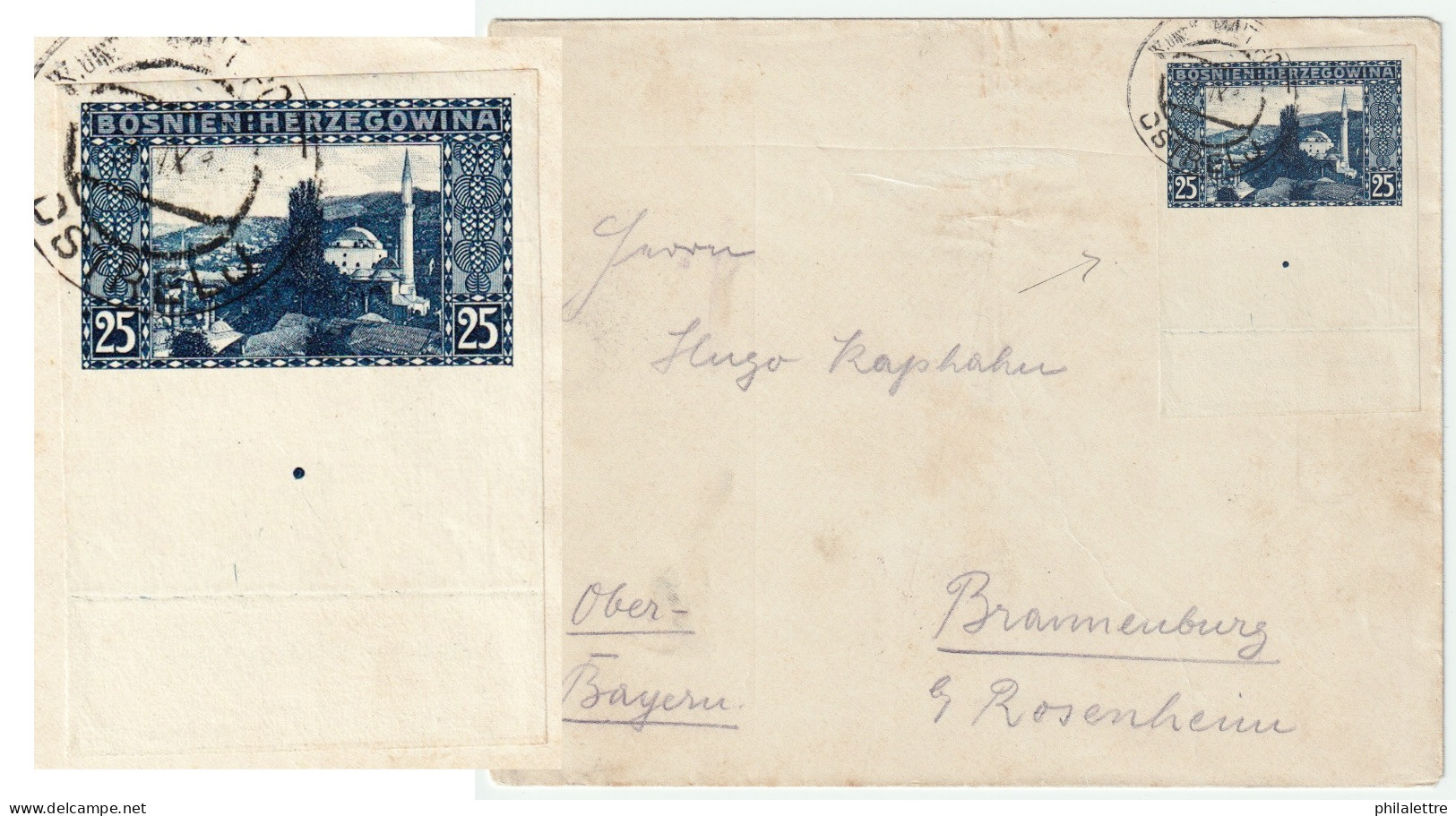 BOSNIE-HERZÉGOVINE / BOSNIA Ca.1910 Mi.36U Imperf. Marginal 25h On Cover OSTRELJ To BRANNENBURG, Bavaria - Bosnia And Herzegovina