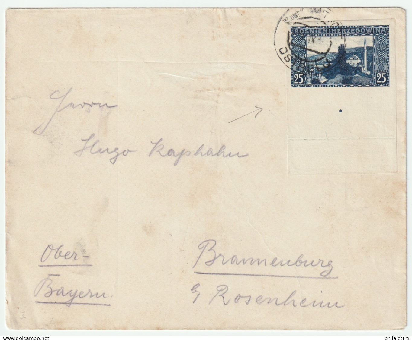 BOSNIE-HERZÉGOVINE / BOSNIA Ca.1910 Mi.36U Imperf. Marginal 25h On Cover OSTRELJ To BRANNENBURG, Bavaria - Bosnien-Herzegowina