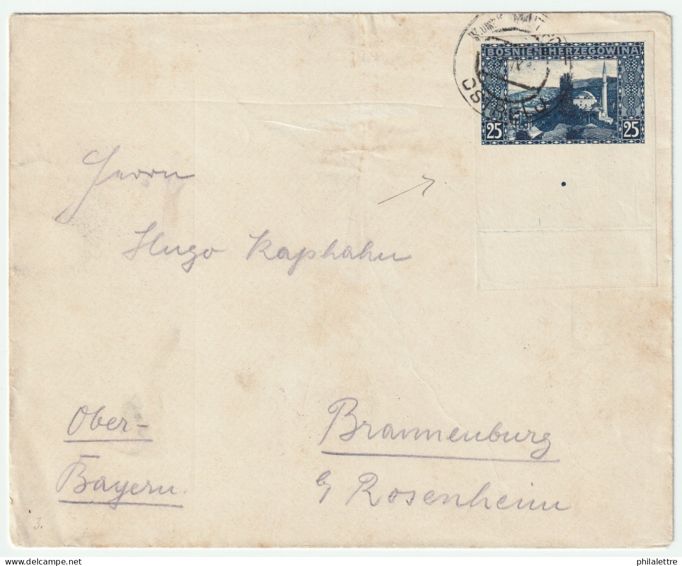 BOSNIE-HERZÉGOVINE / BOSNIA Ca.1910 Mi.36U Imperf. Marginal 25h On Cover OSTRELJ To BRANNENBURG, Bavaria - Bosnie-Herzegovine