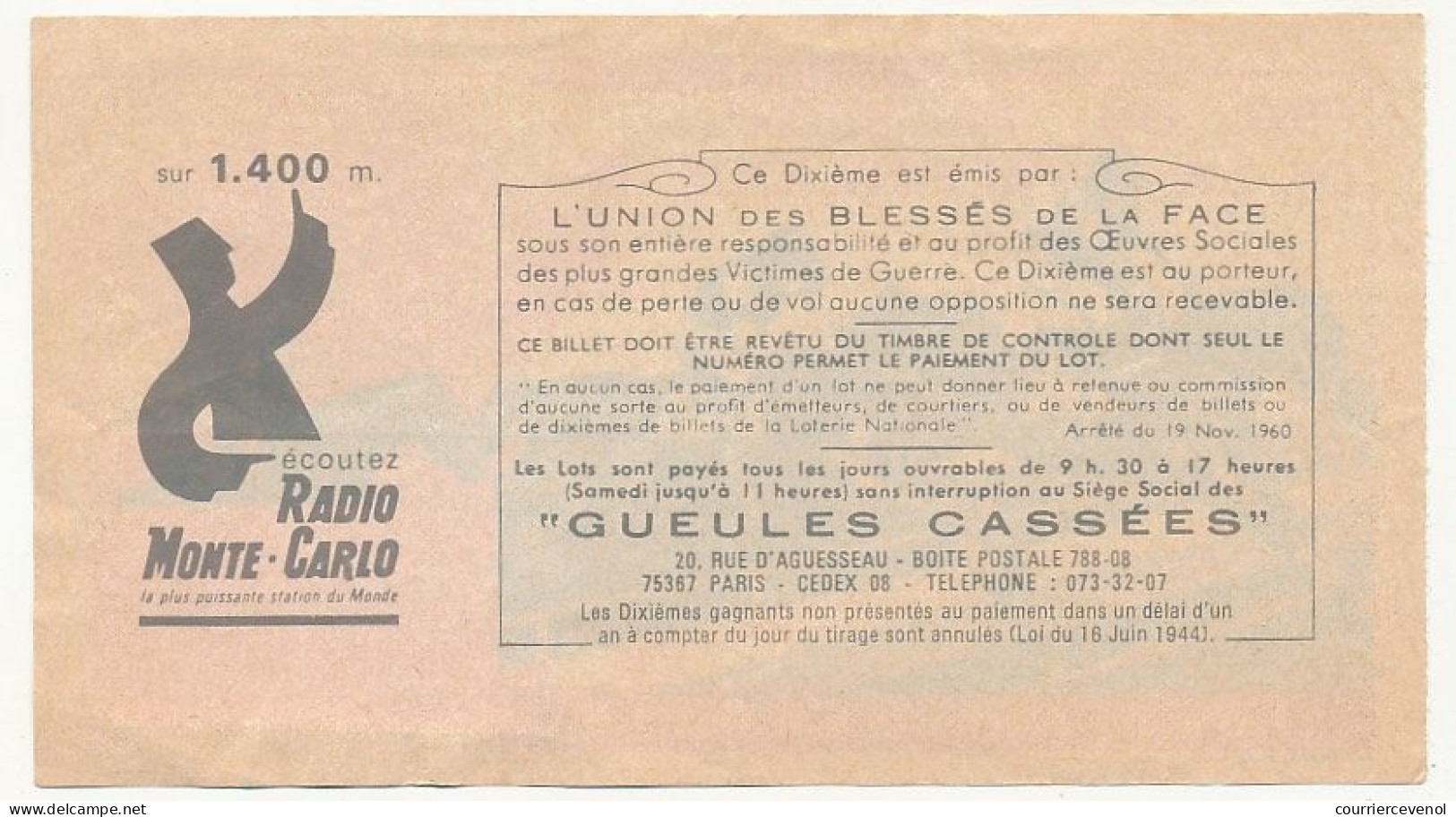 FRANCE - Loterie Nationale - Prix Du Président De La République - Les Gueules Cassées - 1/10ème 15ème Tr. 1979 - Biglietti Della Lotteria