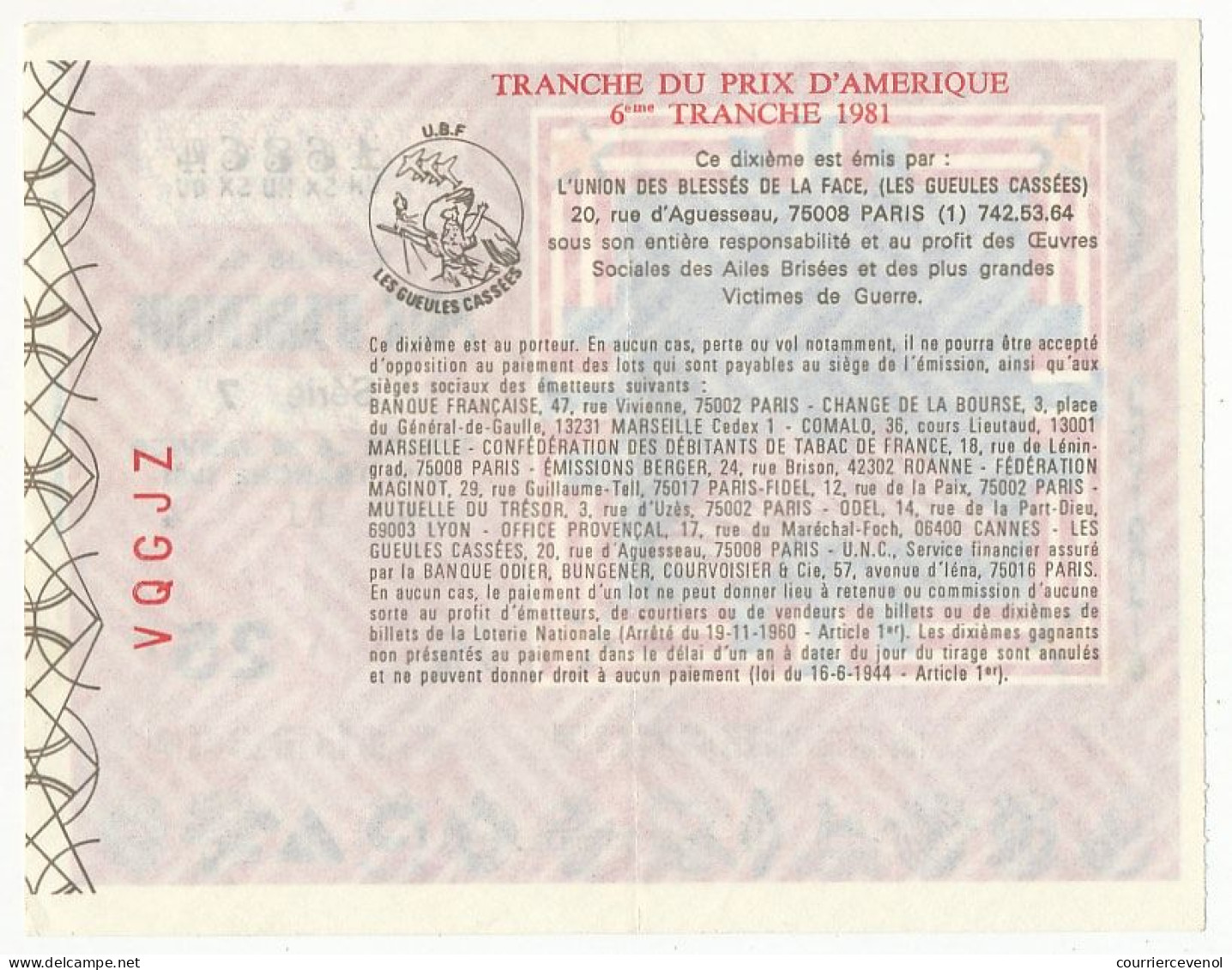 FRANCE - Loterie Nationale - Prix D'Amérique - Gueules Cassées - 1/10ème 6ème Tranche 1981 - Biglietti Della Lotteria