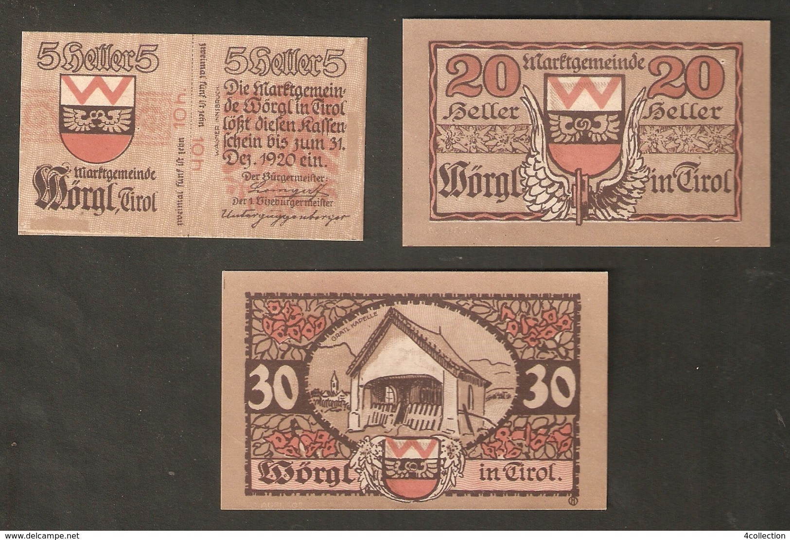 P35-14. Austria Marktgemeinde WORGL In TIROL 30 & 20 & 10 Heller 1920 Austrian Notgeld 3psc. Lot 3. Auflage - Oesterreich