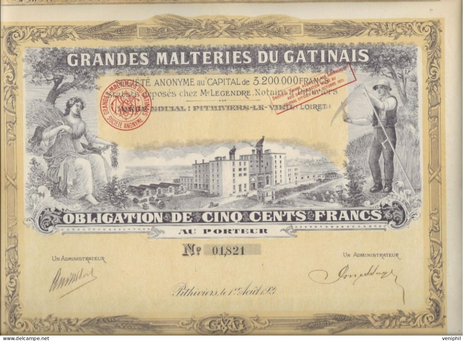 GRANDES MALTERIES DU GATINAIS -PITIIHIVIERS LE VIEIL-LOIRET-OBLIGATION ILLUSTREE DE CINQ CENT FRANCS -ANNEE 1921 - Agricultura