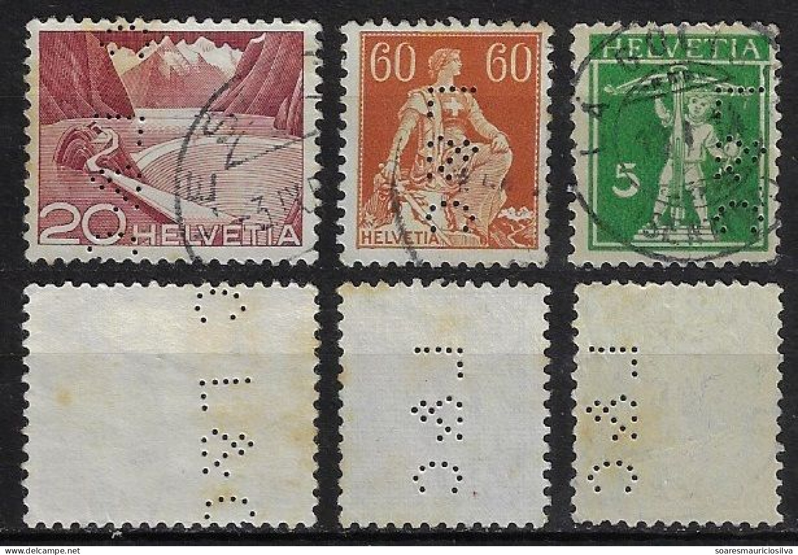 Switzerland 1896/1962 3 Stamp With Perfin L&C By LeCoultre & Cie SA Watch Factory In Le Sentier Lochung Perfore - Gezähnt (perforiert)