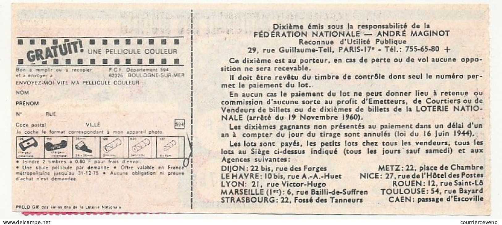 FRANCE - Loterie Nationale - Tranche Du 14 Juillet - Fédération Des Mutilés - 34ème Tr. 1/10ème - 1975 - Lottery Tickets