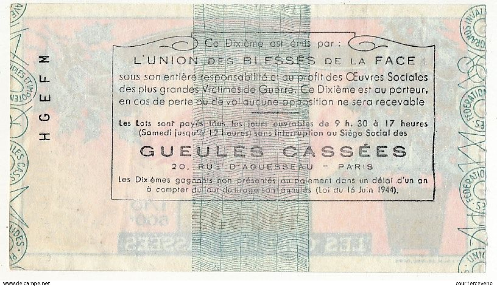 FRANCE - Loterie Nationale - Tranche De Noël - Les Gueules Cassées - 1/10ème 1959 - Lotterielose