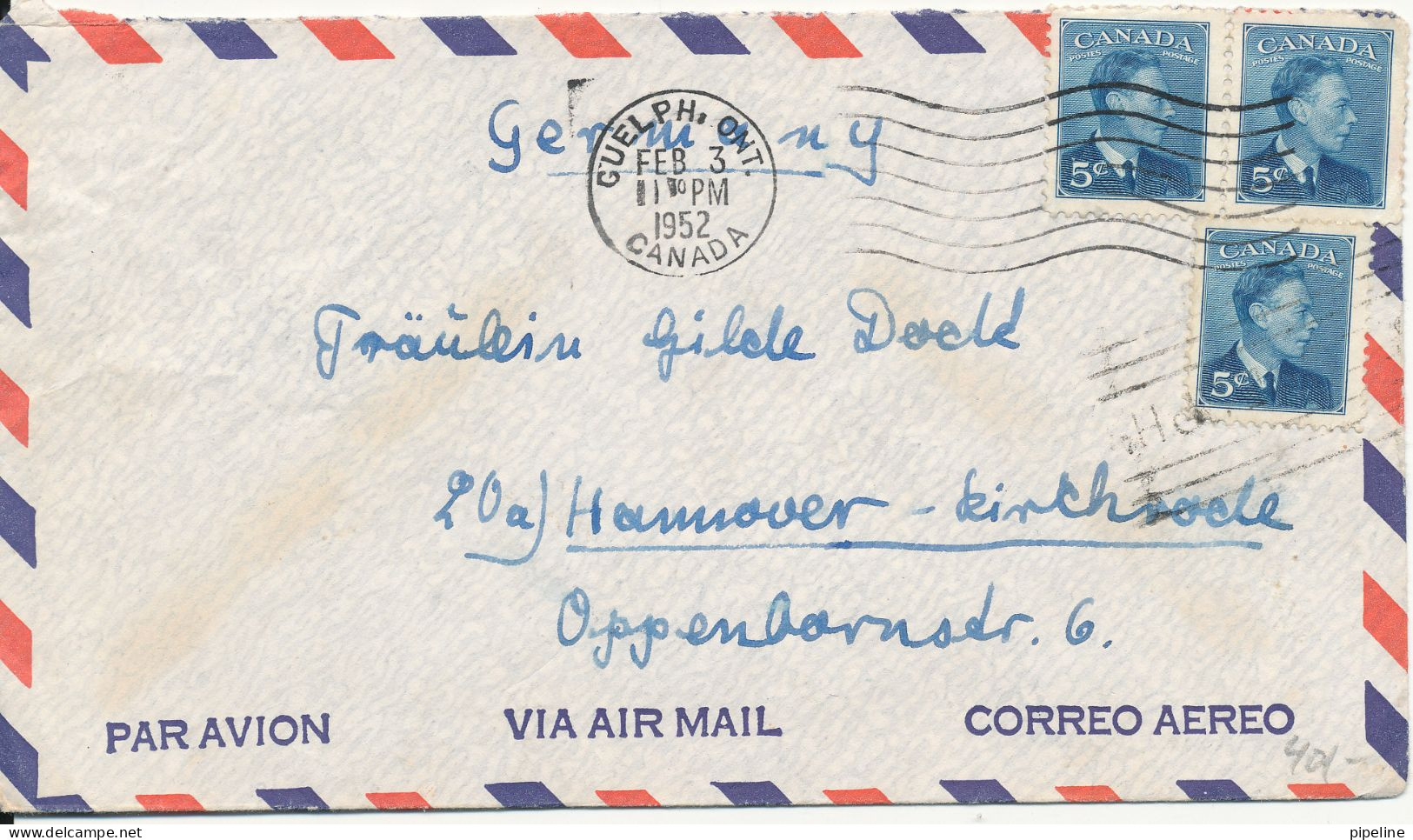 Canada Air Mail Cover Sent To Germany Guelph Ont. 3-2-1952 - Luftpost